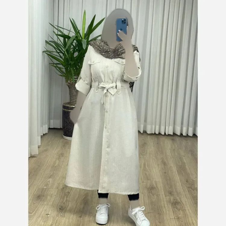 مانتو بلند زنانه مدل شهره جنس شانتون درجه یک جلو دکمه دار با کمربند