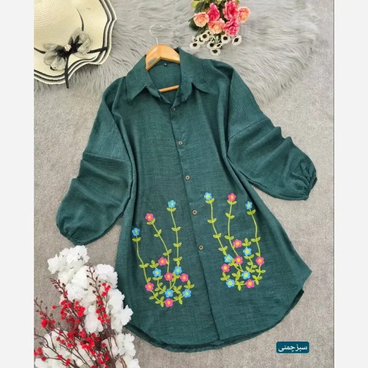 شومیز مانتویی گلدوزی شده زنانه جنس شانتون مدل ساناز