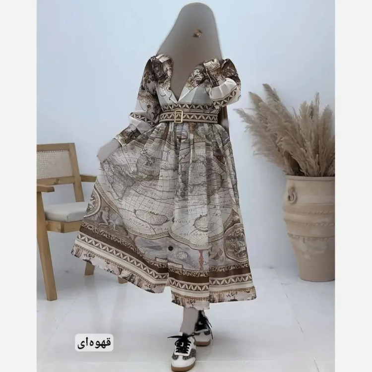 پیراهن زنانه طرح دار نازلی جنس کرپ حریر فری سایز با کمربند