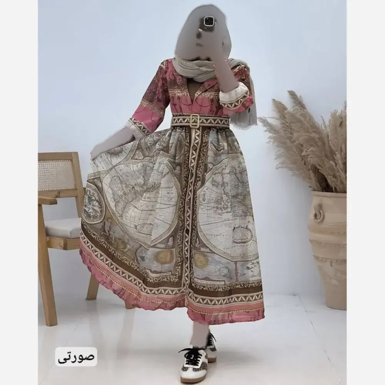 پیراهن زنانه طرح دار نازلی جنس کرپ حریر فری سایز با کمربند
