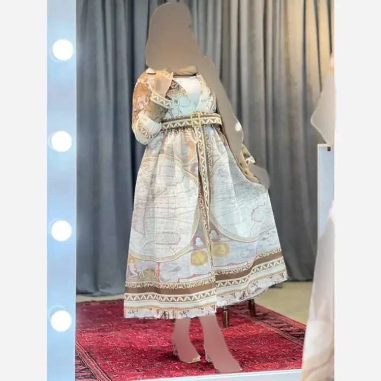 پیراهن زنانه طرح دار نازلی جنس کرپ حریر فری سایز با کمربند
