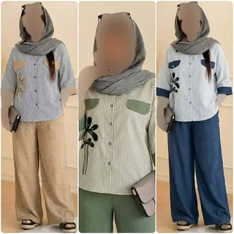 ست شومیز و شلوار زنانه مدل سحر جنس شانتون و لنین فری سایز 38 تا 48