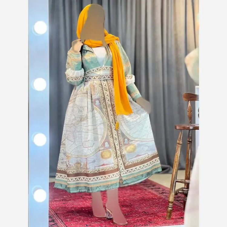 پیراهن زنانه طرح دار نازلی جنس کرپ حریر فری سایز با کمربند