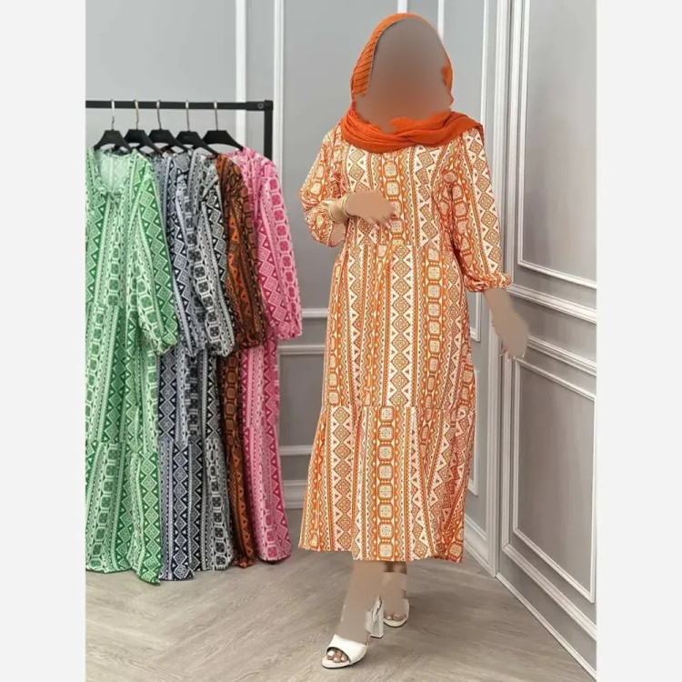 پیراهن زنانه مجلسی طرح دار جنس بوگاتی فری سایز کمربند دار