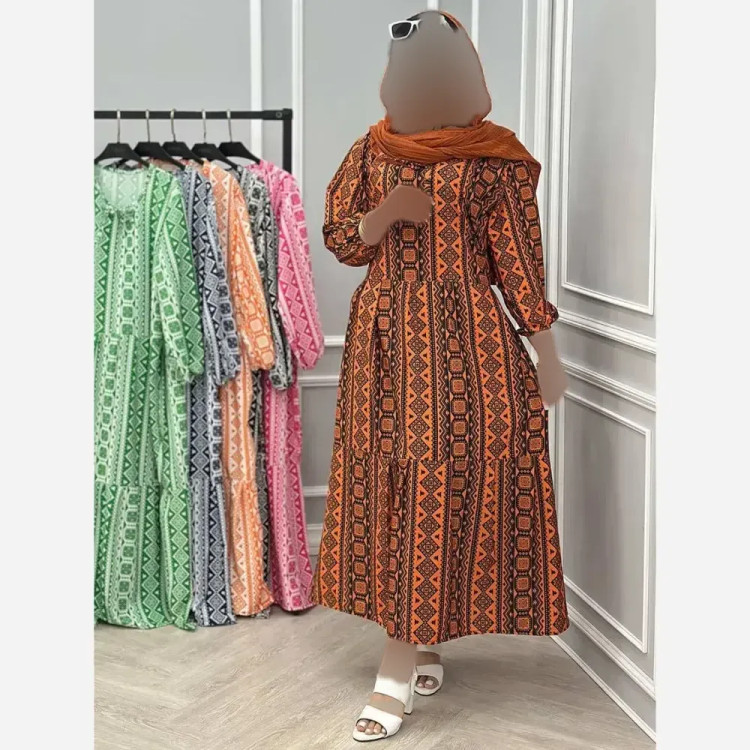 پیراهن زنانه مجلسی طرح دار جنس بوگاتی فری سایز کمربند دار