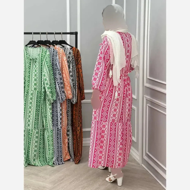 پیراهن زنانه مجلسی طرح دار جنس بوگاتی فری سایز کمربند دار