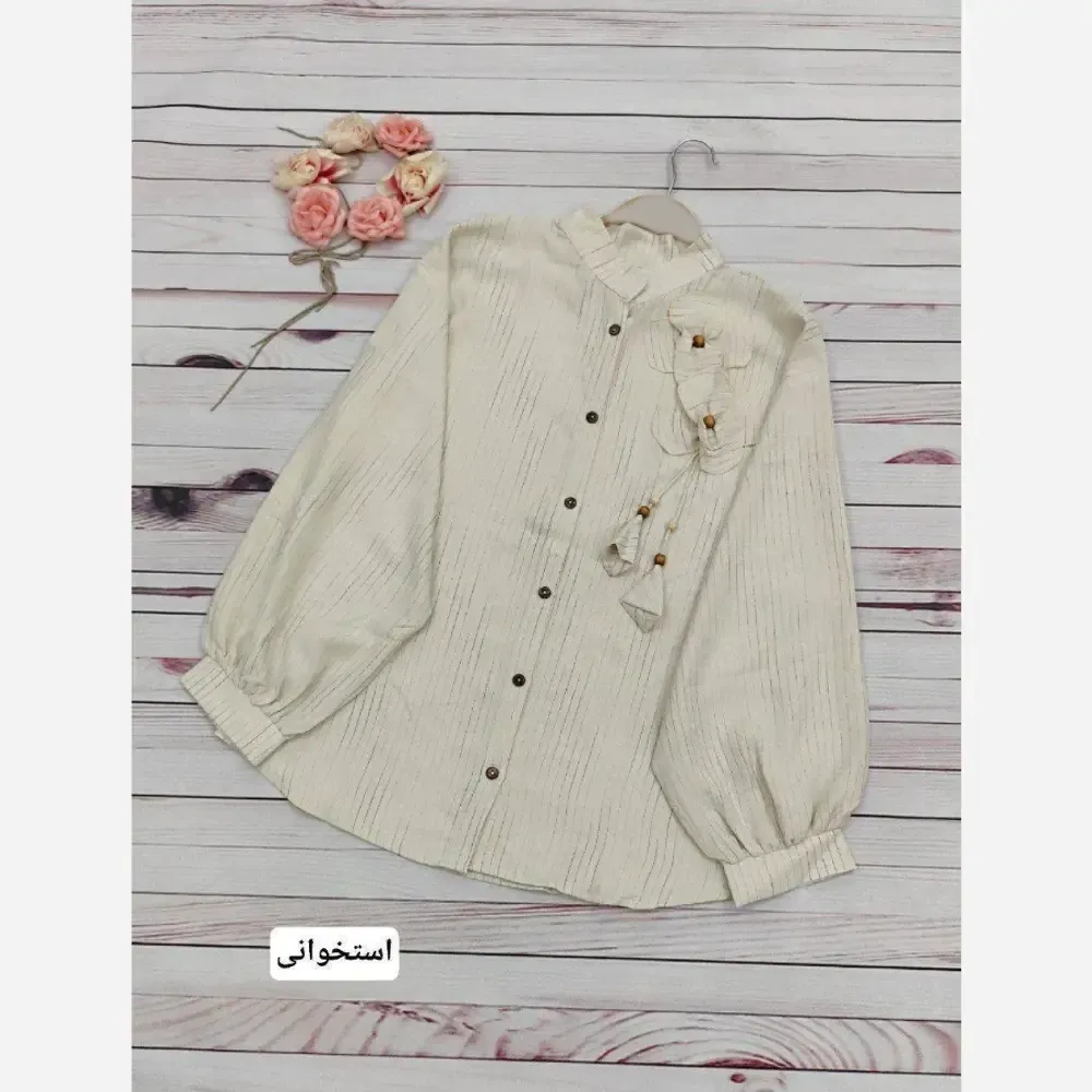 شومیز مجلسی زنانه جنس شانتون کنفی لمه دار آستین عروسکی فری سایز تا 48