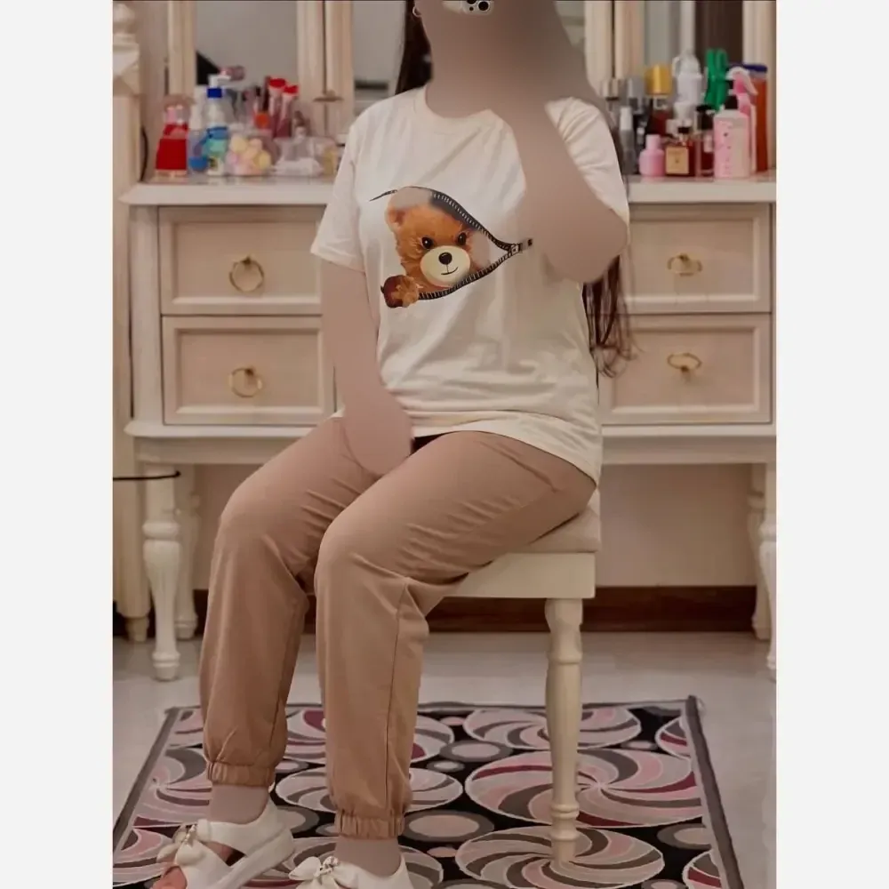 ست تیشرت و شلوار راحتی زنانه طرح تدی جنس سوپر پنبه گلکسی فری سایز 36 تا 46