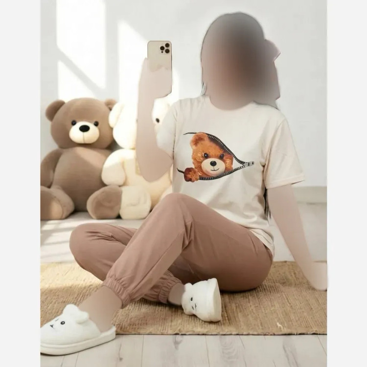 ست تیشرت و شلوار راحتی زنانه طرح تدی جنس سوپر پنبه گلکسی فری سایز 36 تا 46