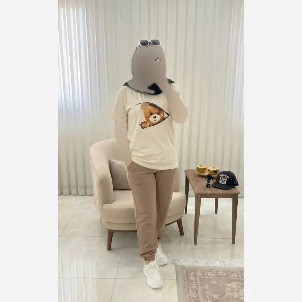 ست تیشرت و شلوار راحتی زنانه طرح تدی جنس سوپر پنبه گلکسی فری سایز 36 تا 46