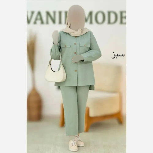 ست مانتو و شلوار لینن جلو جیب زنانه فری سایز مناسب تا 46