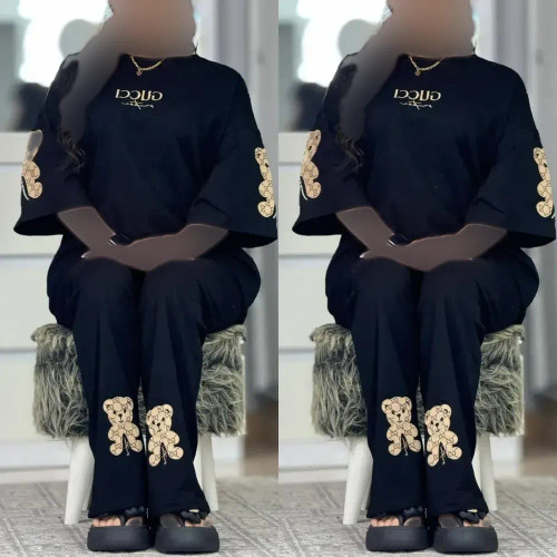 ست تیشرت و شلوار زنانه طرح خرسی فری سایز جنس پنبه و گلکسی اسپان رنگ مشکی