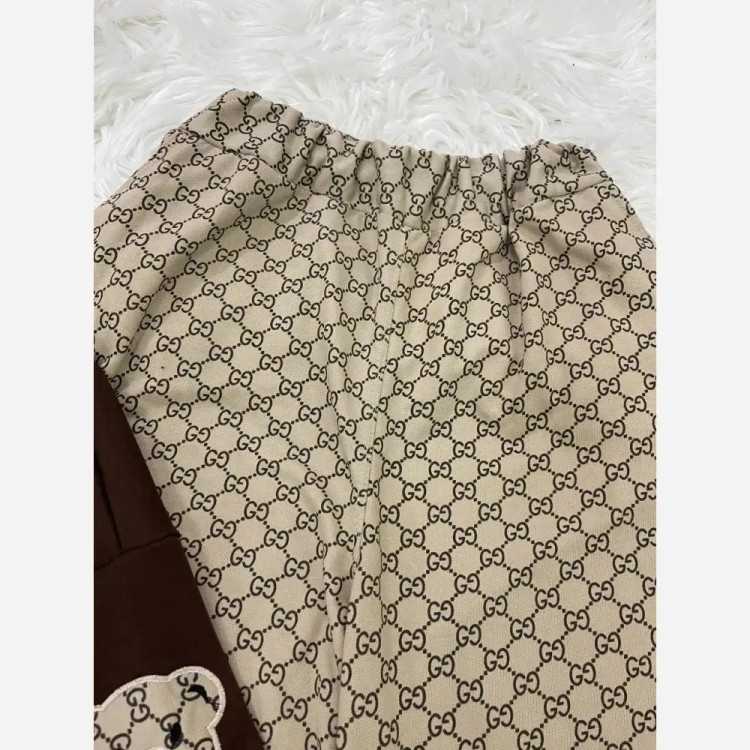 ست دو تیکه تیشرت و شلوار بگ زنانه مدل گوچی جنس گلکسی نخ پنبه درجه یک فری سایز تا 48 رنگ قهوه ای