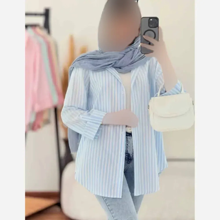 شومیز زنانه راه راه لنین تابستانه آستین پاگن دار جیب دار