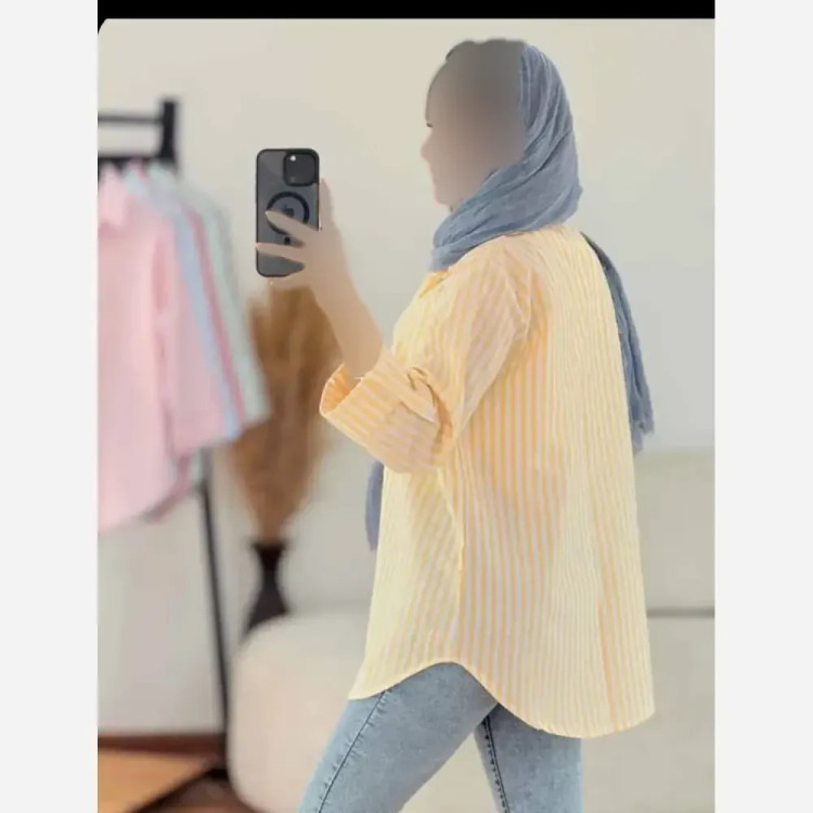 شومیز زنانه راه راه لنین تابستانه آستین پاگن دار جیب دار