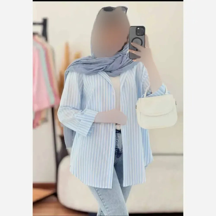 شومیز زنانه راه راه لنین تابستانه آستین پاگن دار جیب دار
