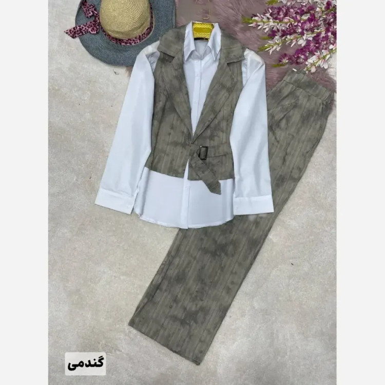 ست سه تیکه زنانه شومیز داکرون و وست و شلوار شانتون فری سایز 38 تا 46