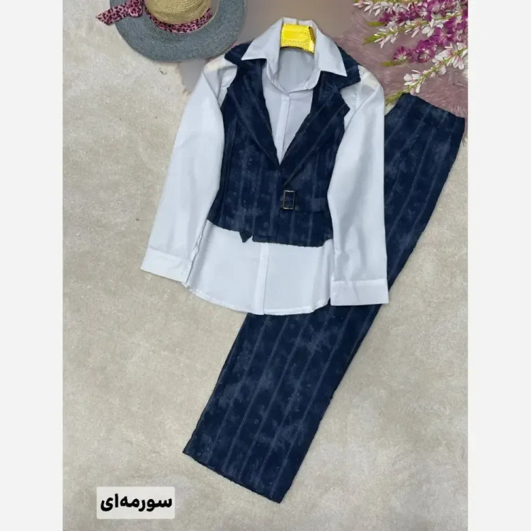 ست سه تیکه زنانه شومیز داکرون و وست و شلوار شانتون فری سایز 38 تا 46