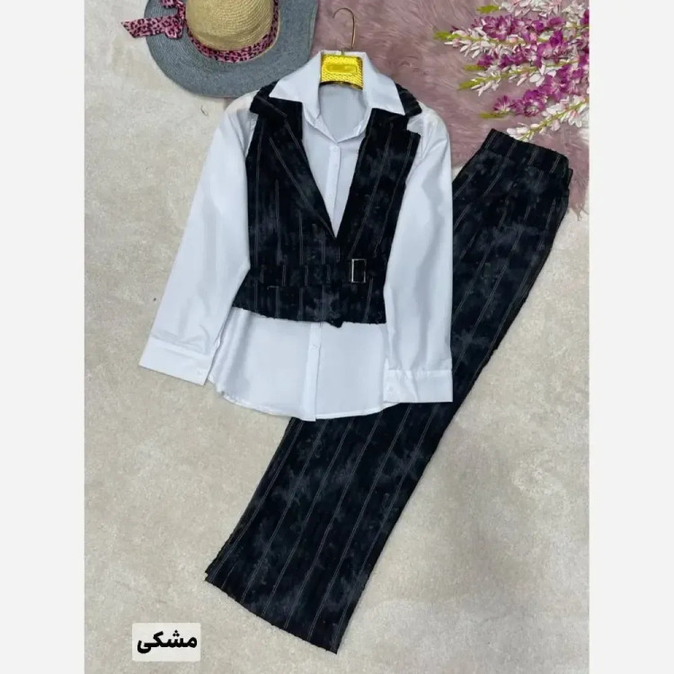 ست سه تیکه زنانه شومیز داکرون و وست و شلوار شانتون فری سایز 38 تا 46