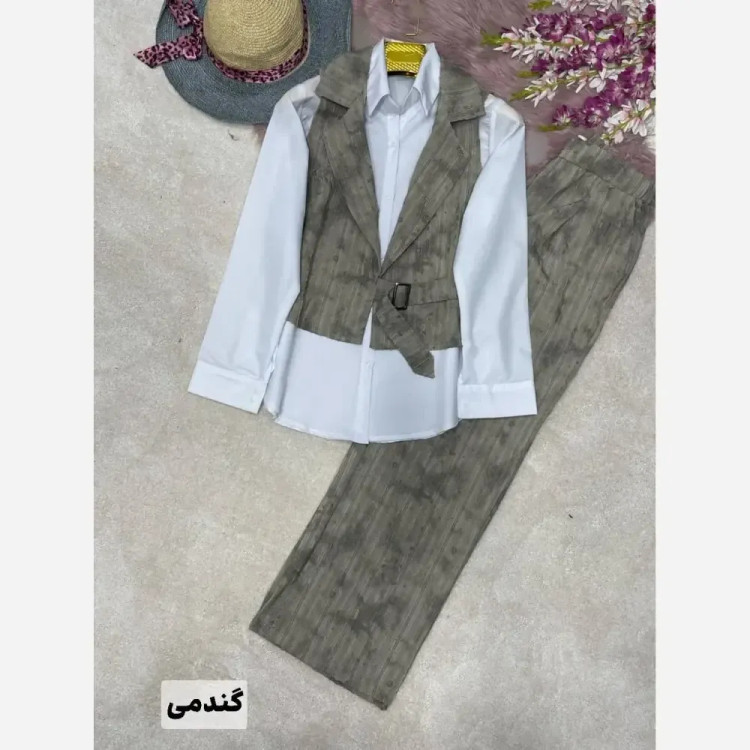 ست سه تیکه زنانه شومیز داکرون و وست و شلوار شانتون فری سایز 38 تا 46