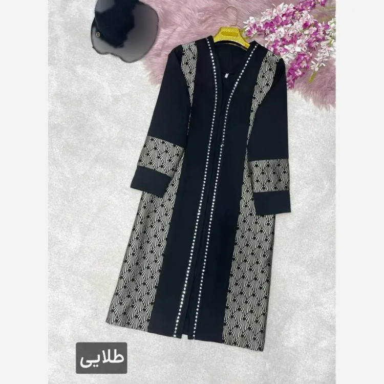 مانتو مزونی صدف جنس کرپ مازراتی با خرجکار تافته رنگ طلایی سایز 38 تا 50
