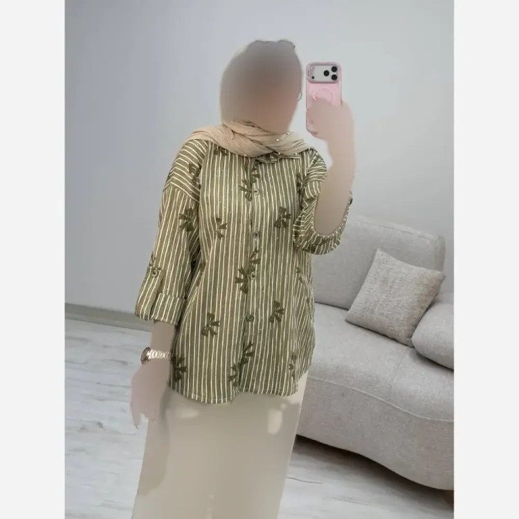 شومیز راه راه عسل جنس ایوا کاملس نگین دار فری سایز 38 تا 46