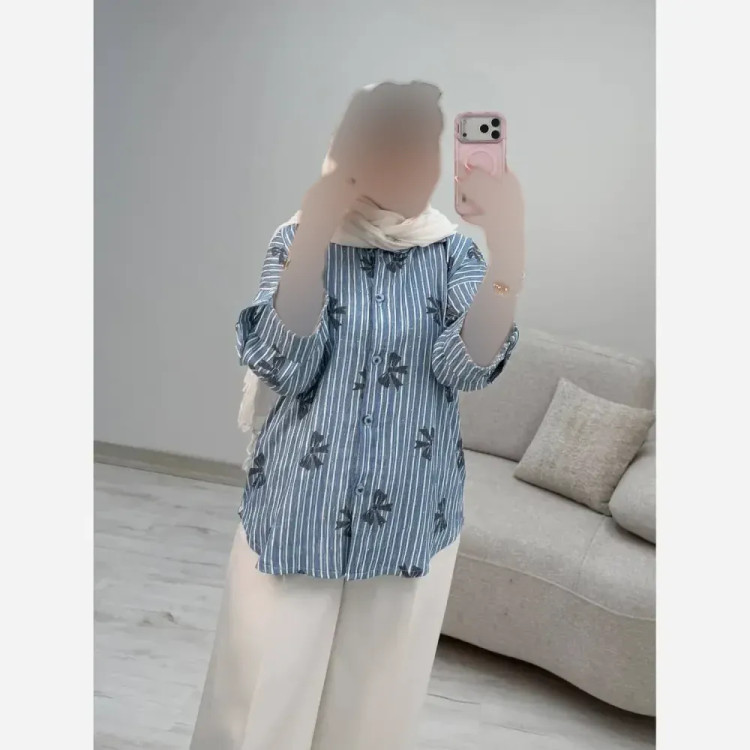 شومیز راه راه عسل جنس ایوا کاملس نگین دار فری سایز 38 تا 46
