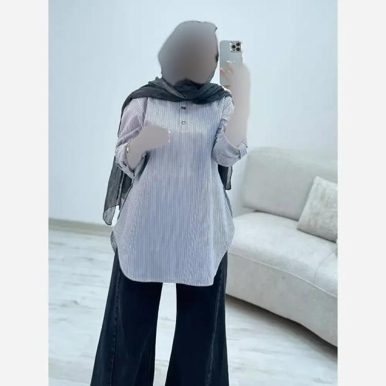 شومیز مانتویی زنانه مدل مینا جنس لنین ایرانی در دو رنگ طوسی و آبی سایز 38 تا 52
