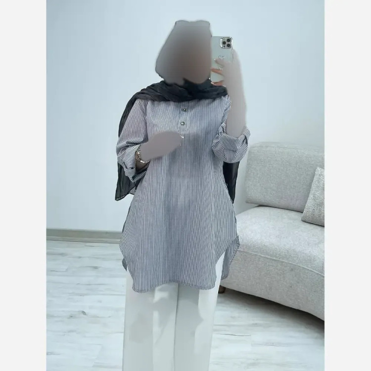 شومیز مانتویی زنانه مدل مینا جنس لنین ایرانی در دو رنگ طوسی و آبی سایز 38 تا 52