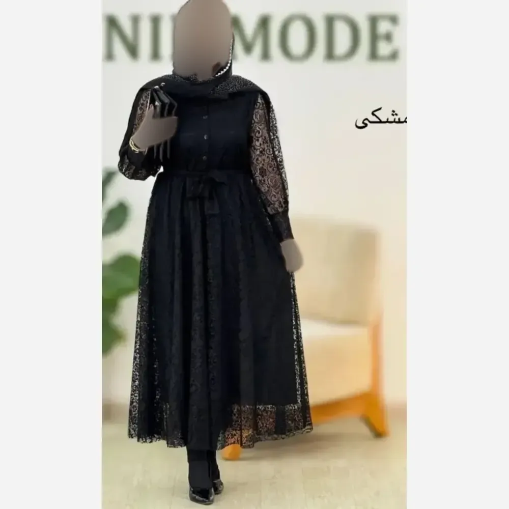 پیراهن مجلسی توری زنانه مشکی آستردار با کمربند فری سایز تا 46
