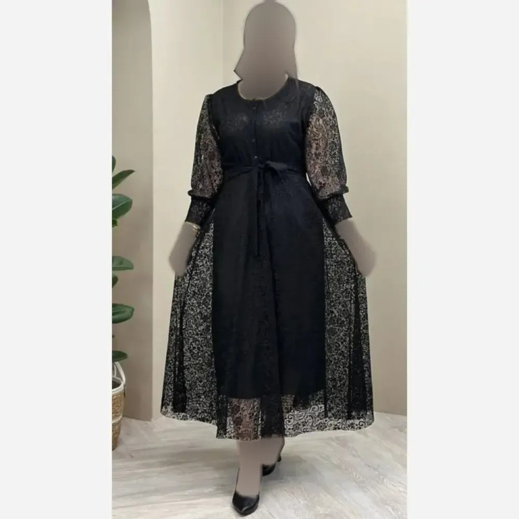 پیراهن مجلسی توری زنانه مشکی آستردار با کمربند فری سایز تا 46