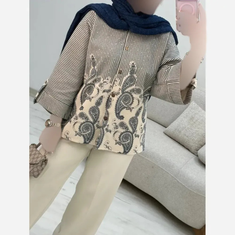 شومیز لنین طرح بته جقه زنانه فری سایز 38 تا 46