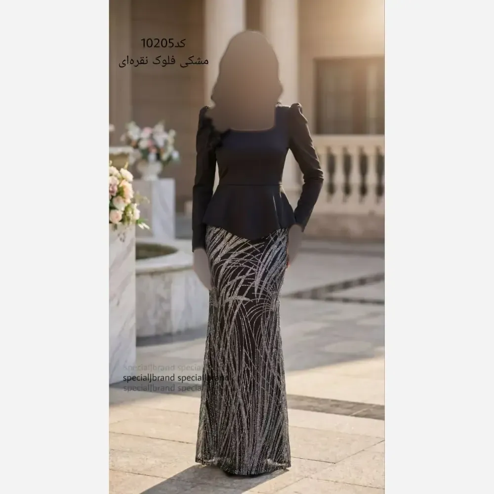 پیراهن ماکسی مجلسی زنانه مدل سوین جنس کرپ کش و فلوک شاین قد 150