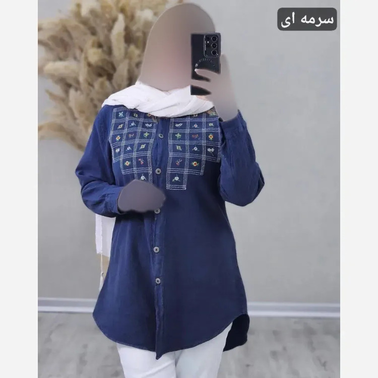 مانتو الیاف لینن نچرال گلدوزی شده مدل شمیم فری سایز 36 تا 46