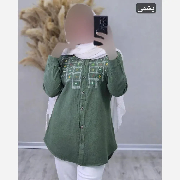مانتو الیاف لینن نچرال گلدوزی شده مدل شمیم فری سایز 36 تا 46
