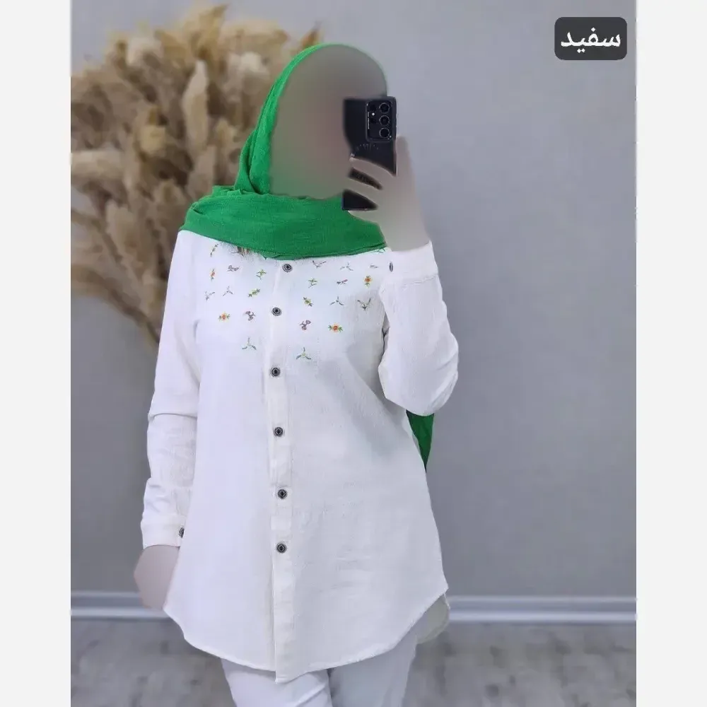 مانتو الیاف لینن نچرال گلدوزی شده مدل شمیم فری سایز 36 تا 46