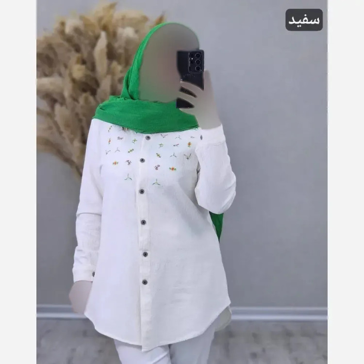 مانتو الیاف لینن نچرال گلدوزی شده مدل شمیم فری سایز 36 تا 46