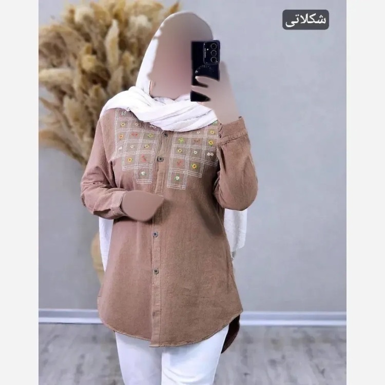 مانتو الیاف لینن نچرال گلدوزی شده مدل شمیم فری سایز 36 تا 46