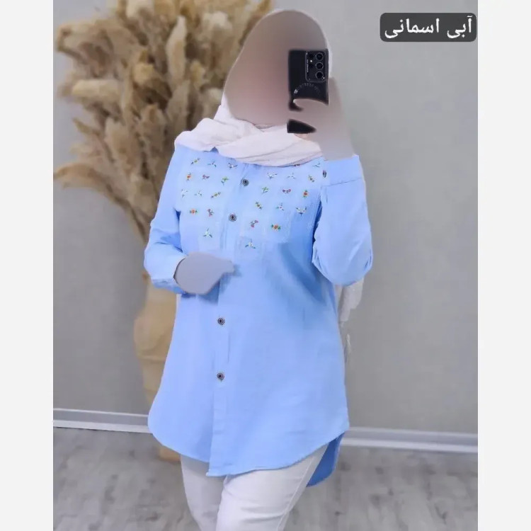 مانتو الیاف لینن نچرال گلدوزی شده مدل شمیم فری سایز 36 تا 46