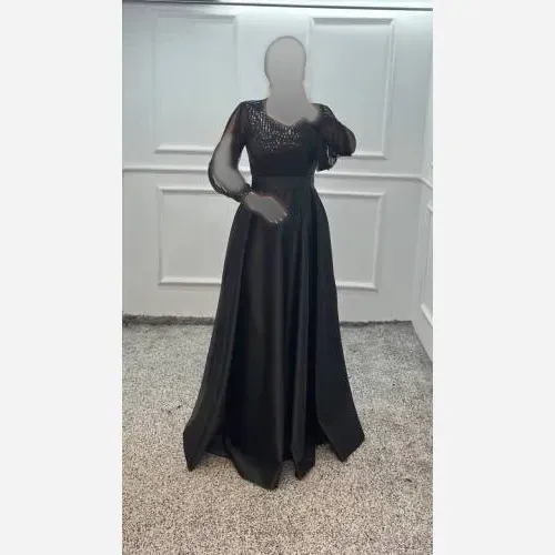 پیراهن ماکسی مجلسی زنانه سایز بزرگ پولک زارا و ساتن آمریکایی مشکی قد 160