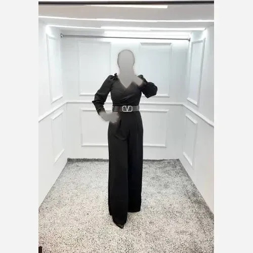 اورال زنانه مجلسی مدل هانیه جنس کرپ مازراتی رنگ مشکی با کمربند چرم قد 145