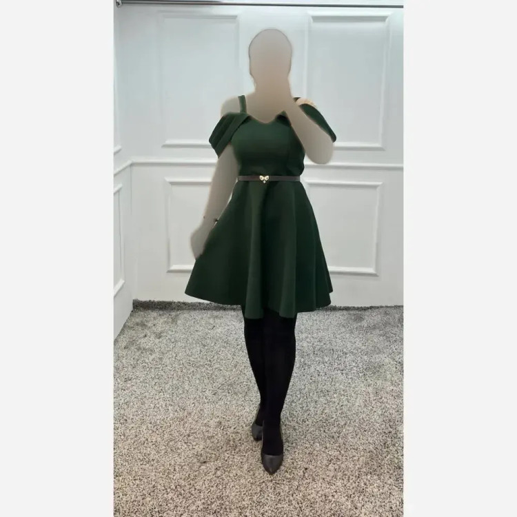 پیراهن عروسکی زنانه مدل گلپر جنس غواصی ساندویچی با کمربند چرم فری سایز 36 تا 42