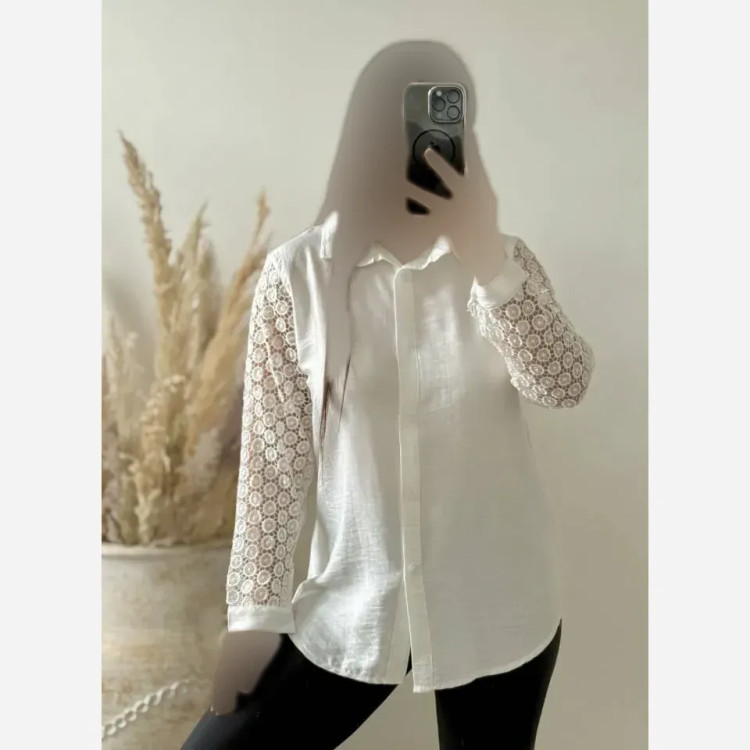 شومیز مجلسی زنانه مدل سوگند جنس بابوس آستین دانتل رنگ سفید سایز 38 تا 44