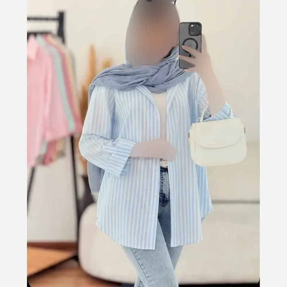 شومیز راه راه لینن تابستانه خنک آستین پاگن دار جیب دار زنانه
