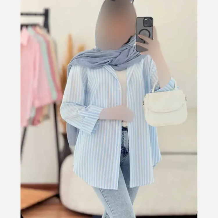 شومیز راه راه لینن تابستانه خنک آستین پاگن دار جیب دار زنانه