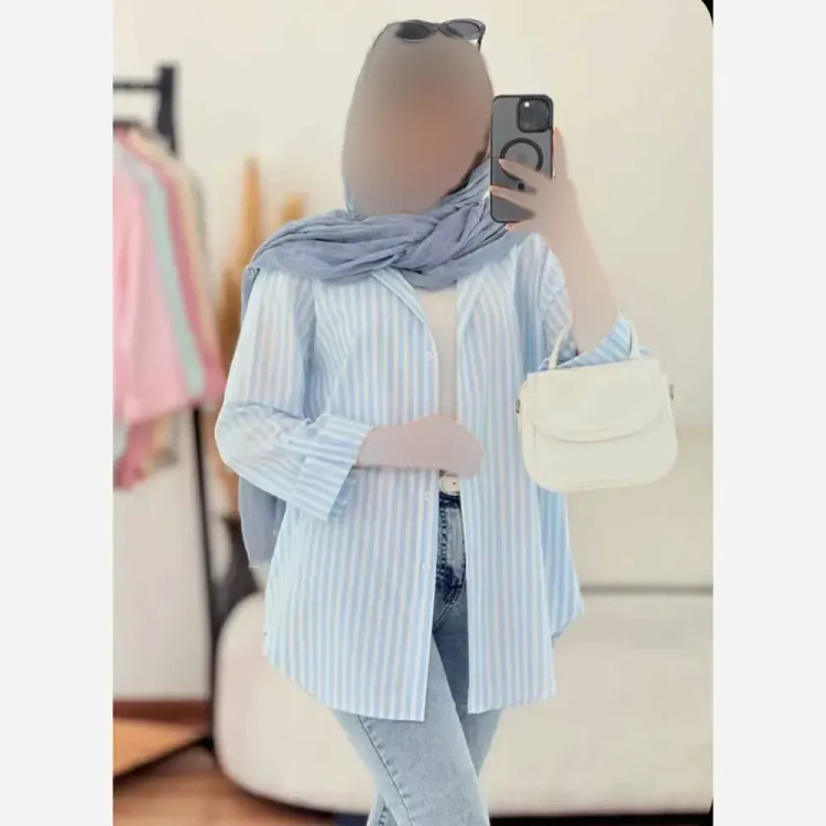 شومیز راه راه لینن تابستانه خنک آستین پاگن دار جیب دار زنانه