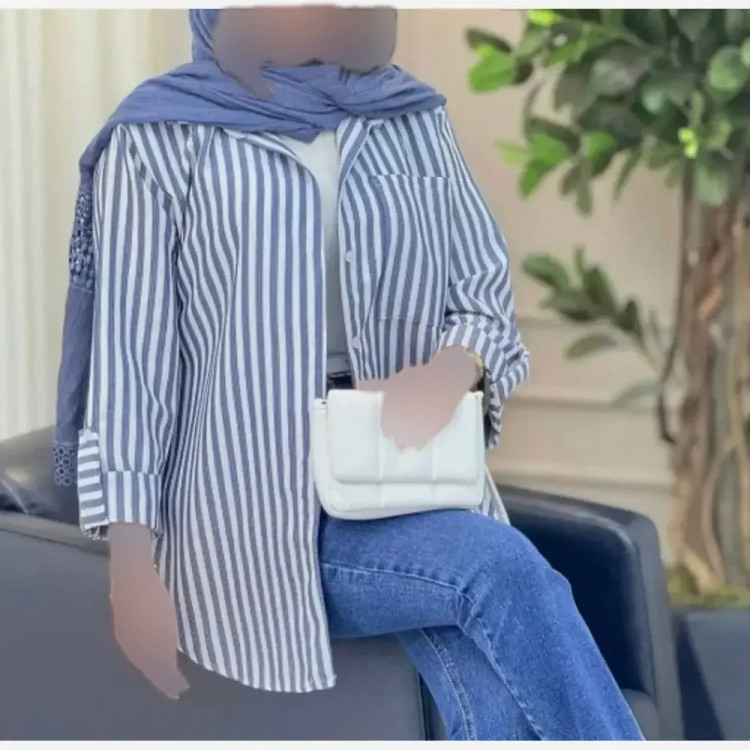 شومیز راه راه لینن تابستانه خنک آستین پاگن دار جیب دار زنانه