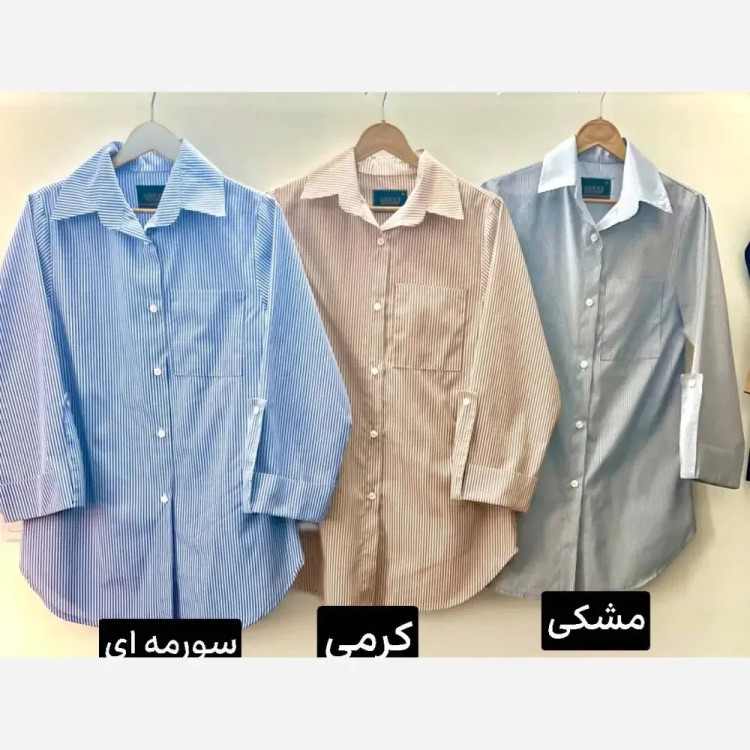 شومیز راه راه لینن تابستانه خنک آستین پاگن دار جیب دار زنانه