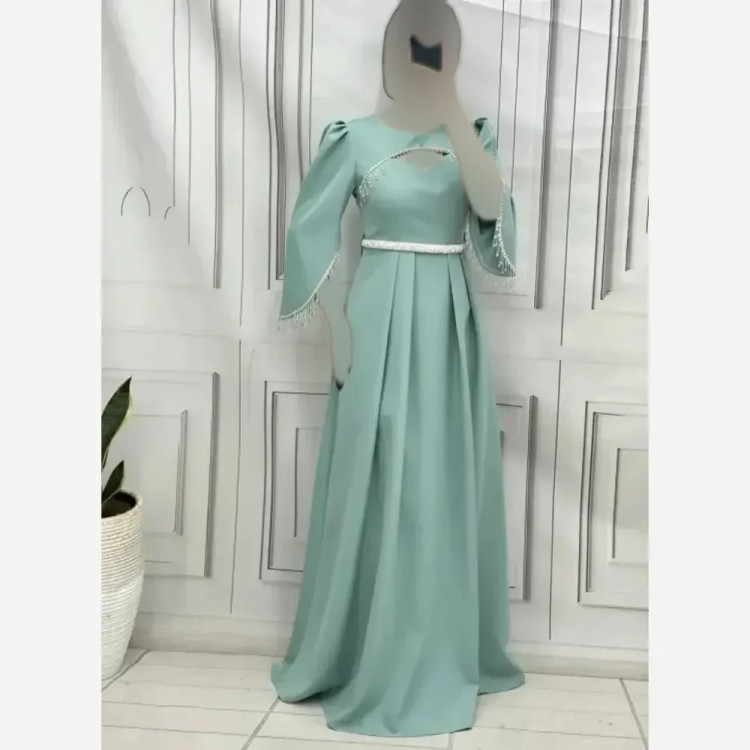 سارافون زنانه مدل آستین زنجیر جنس کرپ مازراتی قد 150