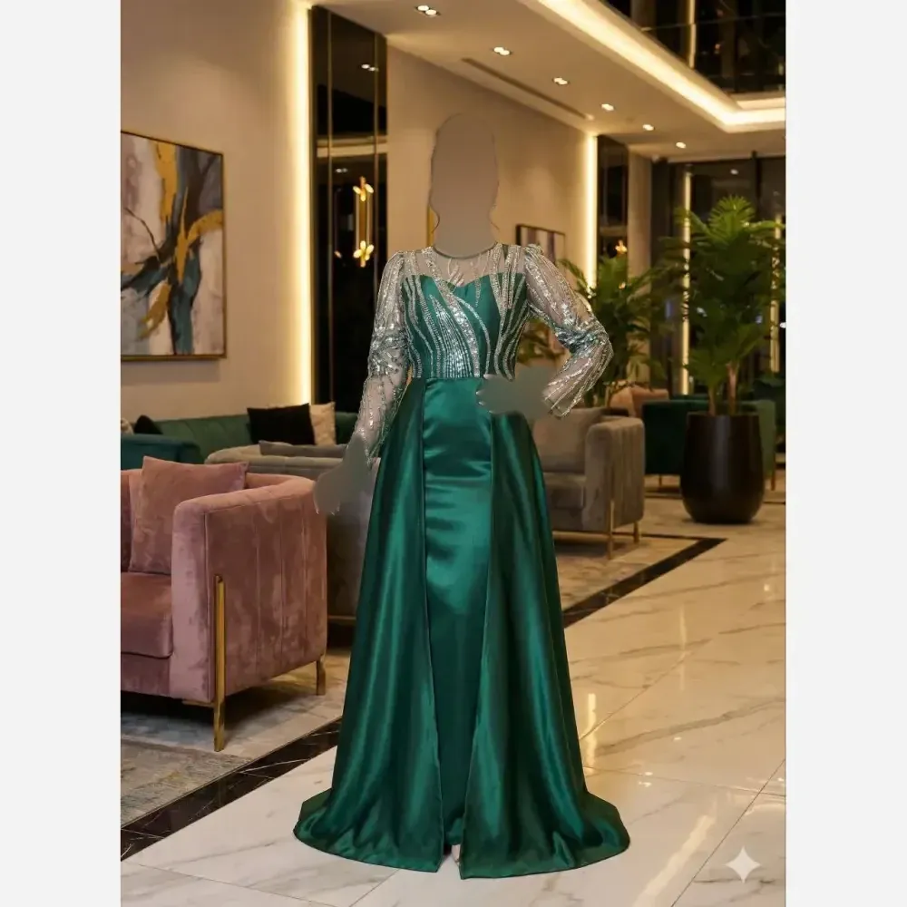 پیراهن مجلسی زنانه مدل ملودی جنس ساتن آمریکایی و تور منجوق دوزی شده قد 160